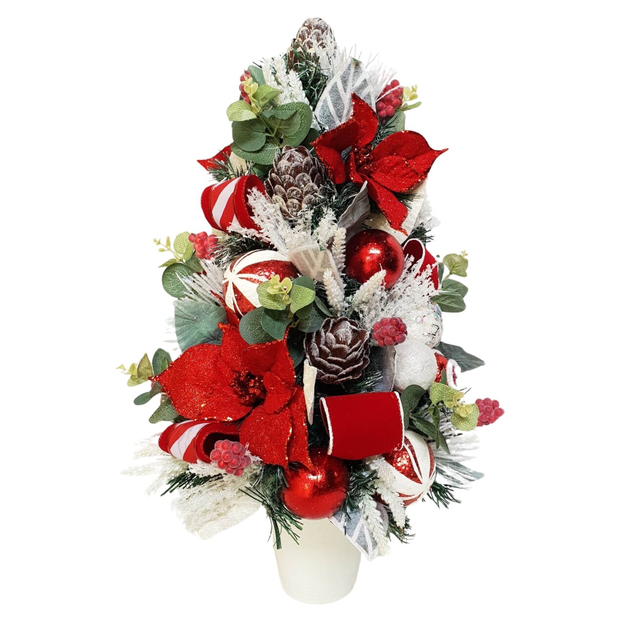 22" Red Poinsettia Tabletop Cone Tree w/ Pot - Handcrafted Christmas Decorations - Holiday Tree